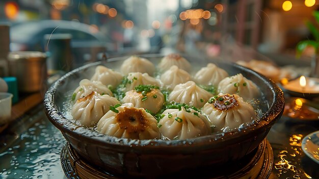 een bordje dumplings met een brandend vuur op de achtergrond