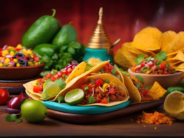 een bordje heerlijk Mexicaans eten met verschillende soorten groente op tafel