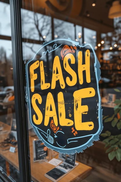 Een bordje op een raam dat zegt flash sale in de winkel ai.