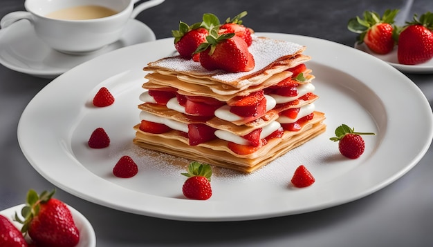 een bordje pannenkoeken met aardbeien en room erop