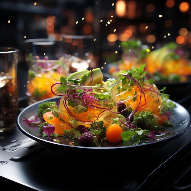 Een bordje salade met een glas water en een menu met het woord salade erop.