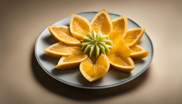 een bordje sinaasappels met een bloem erop