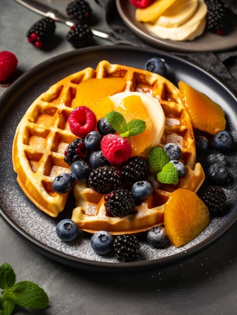 Een bordje wafels met fruit en ijsje bovenop Delicious waffels met een kleurrijk assortiment vers fruit bovenop en een royale scheepje romige ijsje