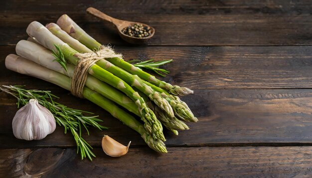 Foto een bos asperges op een houten tafel.