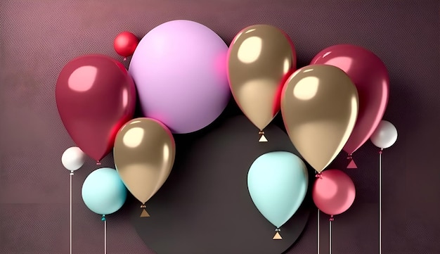 Foto een bos ballonnen met roze, goud en blauw erop