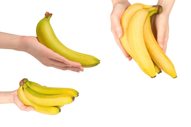 Een bos bananen in de hand van de vrouw geïsoleerd op een witte achtergrond