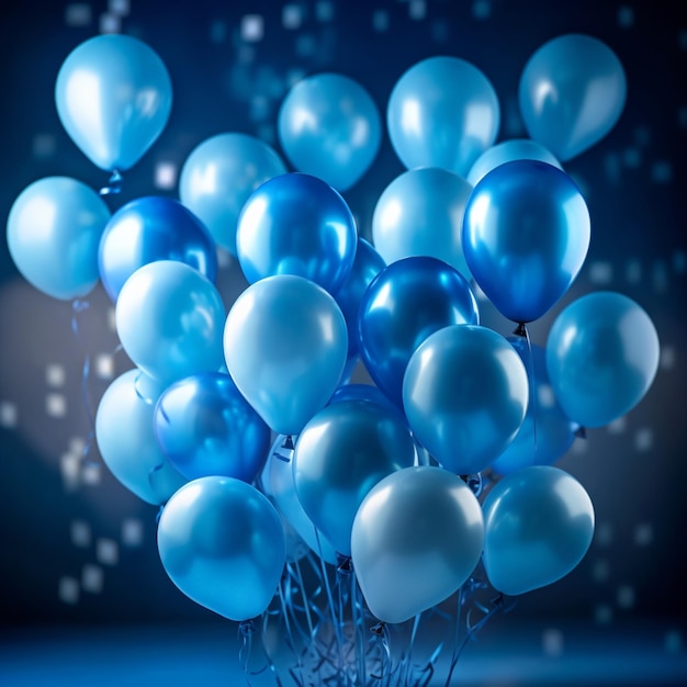 Een bos blauwe ballonnen zit in een mand met een blauwe achtergrond.