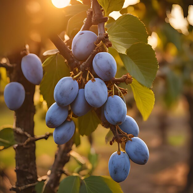 een bos blauwe bessen die op een boom staan