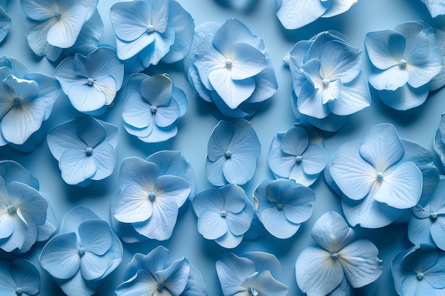 Een bos blauwe bloemen is gerangschikt in een patroon op een blauwe achtergrond met een wit midden