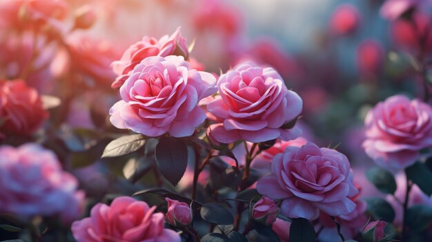 Een bos bloeiende roze rozen
