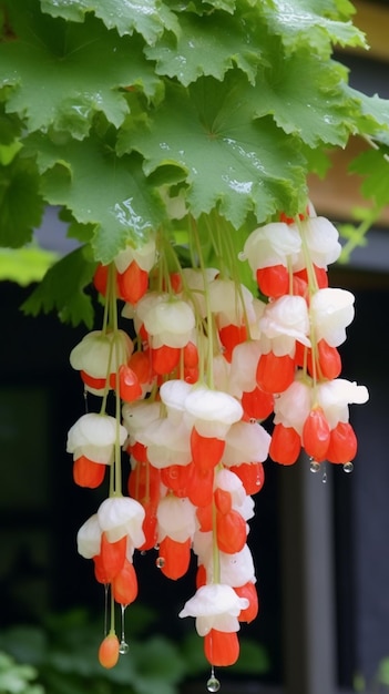 Een bos bloemen die aan een boom hangt.