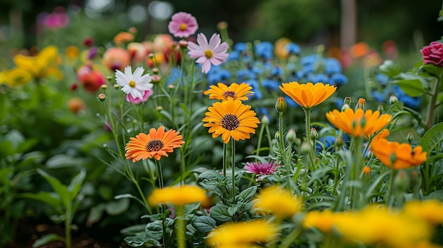 een bos bloemen die in een tuin staan