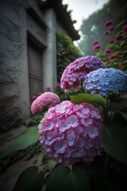 Een bos bloemen die roze en blauw zijn