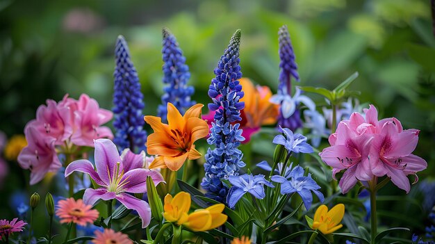 Een bos bloemen die samen in het gras staan en een paar bloemen in het gras zitten en