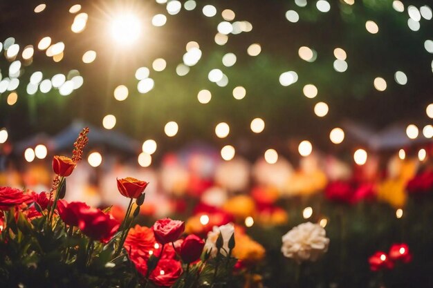 Foto een bos bloemen die voor een boom staan met het licht dat erop schijnt