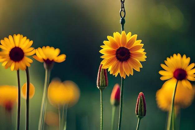 een bos bloemen met een ketting die er aan hangt