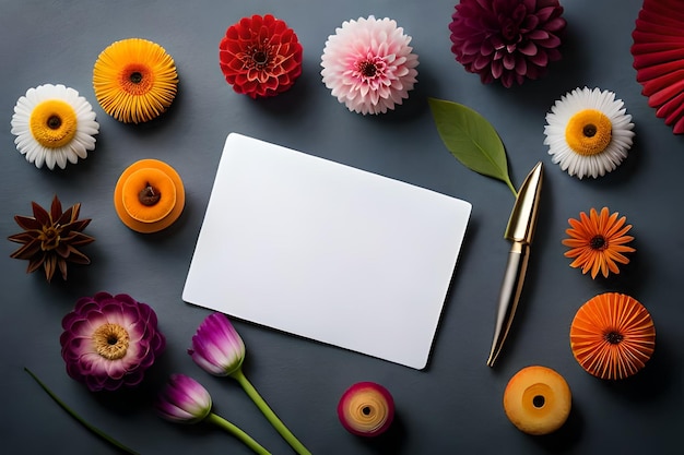 Foto een bos bloemen met een pen op een grijze achtergrond