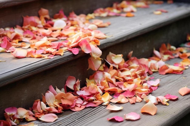 een bos bloemen op de trappen van een houten trap