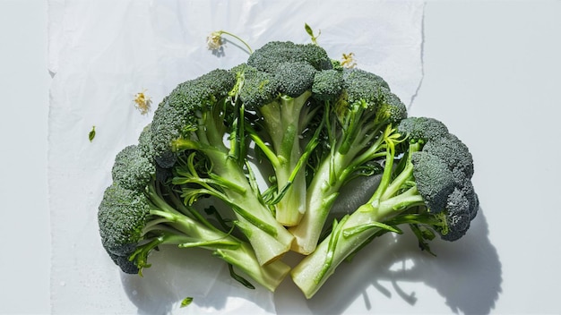 een bos broccoli op een witte doek