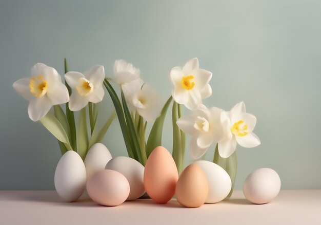 Een bos eieren met witte bloemen en één heeft een gele bloem in het midden.