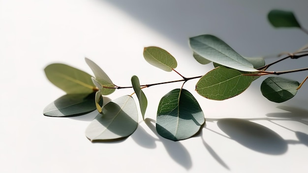 Een bos eucalyptusbladeren op een wit oppervlak.