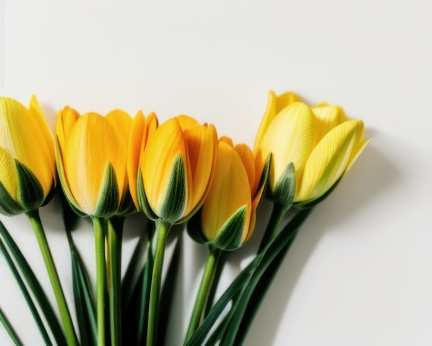 Een bos gele bloemen met groene stengels op een witte achtergrond