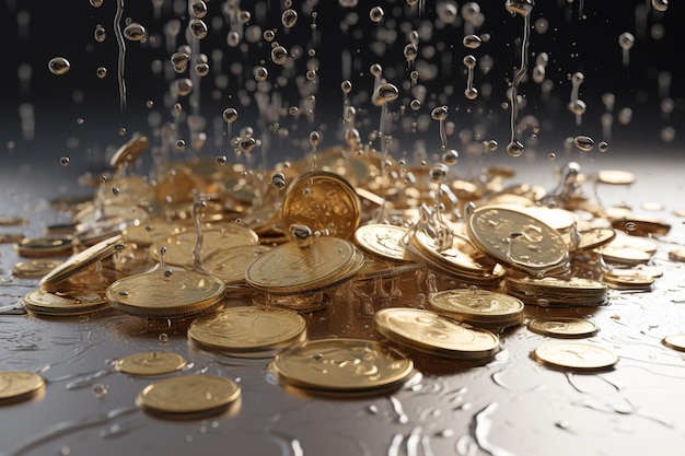 Een bos gouden munten valt in een plas water.