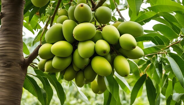 een bos groene vruchten wordt van een boom geplukt