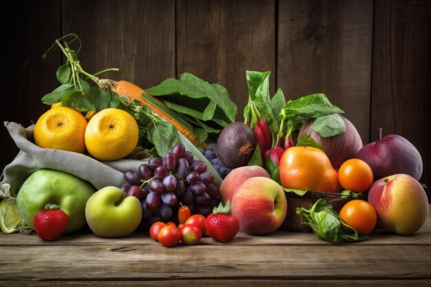 Een bos groenten en fruit op een tafel Generatief AI-beeld