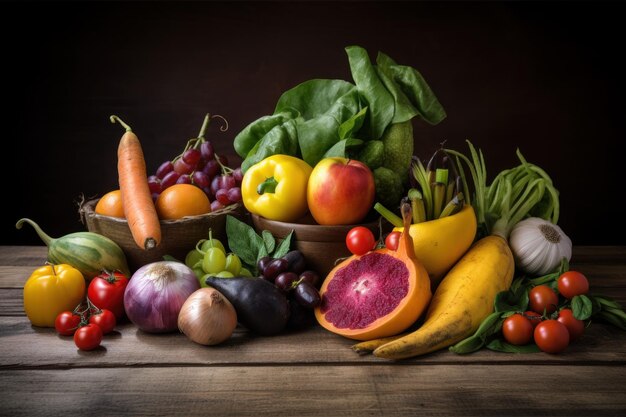 Een bos groenten en fruit op een tafel Generatief AI-beeld