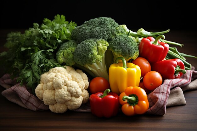 een bos groenten, waaronder broccoli, bloemkool, tomaten en paprika's