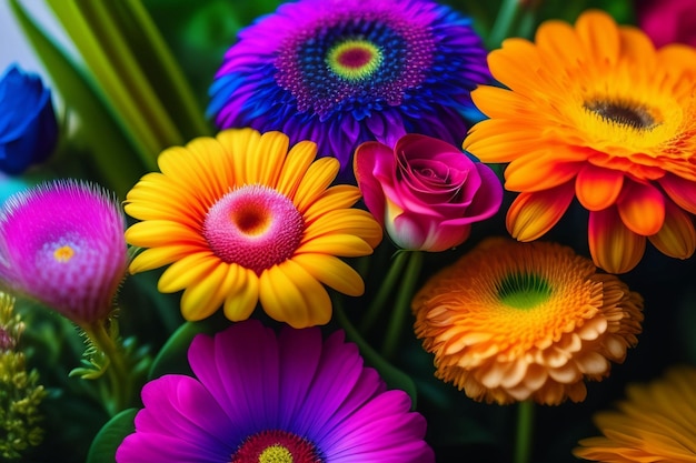 Een bos kleurrijke bloemen met een die 'regenboog' zegt