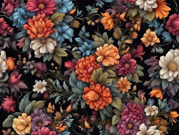 een bos kleurrijke bloemen op een zwarte achtergrond donker bloemenpatroon behang ingewikkelde bloem d