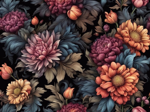 een bos kleurrijke bloemen op een zwarte achtergrond donker bloemenpatroon behang ingewikkelde bloem d