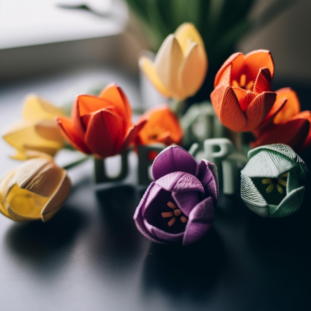 Foto een bos kleurrijke papieren bloemen staan op een tafel.