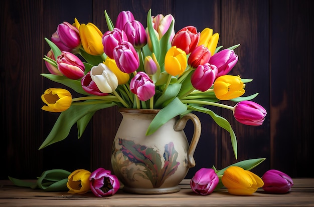 een bos kleurrijke tulpen op een houten generatieve ai als achtergrond