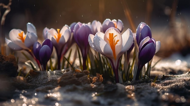 Een bos krokusbloemen in de regen