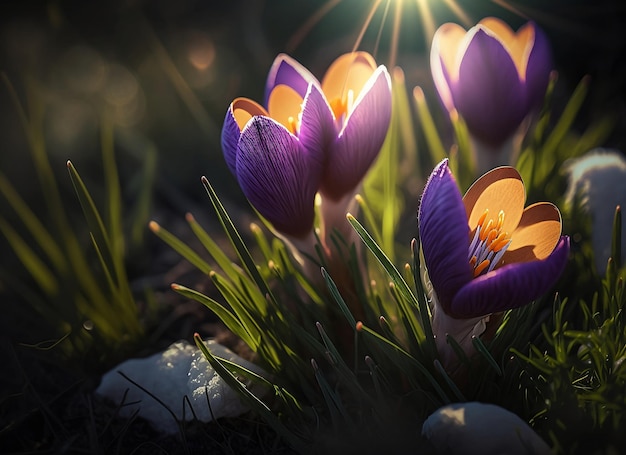 Een bos krokusbloemen in het zonlicht