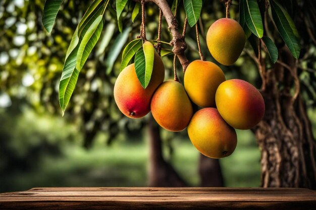 een bos mango's die aan een boom hangt met groene bladeren