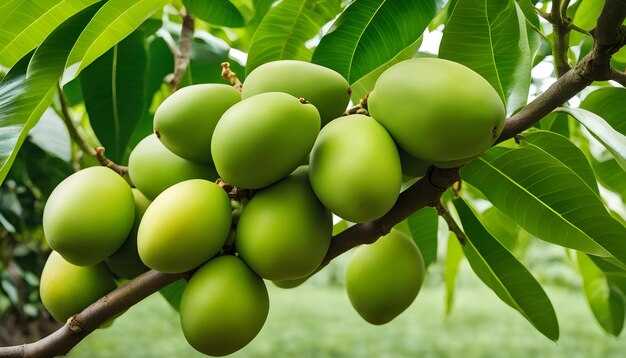 een bos mango's op een boom met groene bladeren