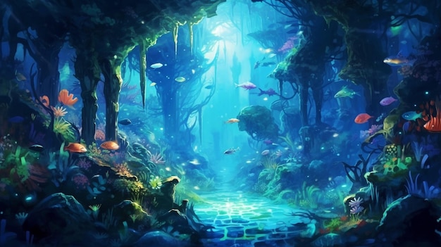 Een bos met blauw water en een vis die erin zwemt.