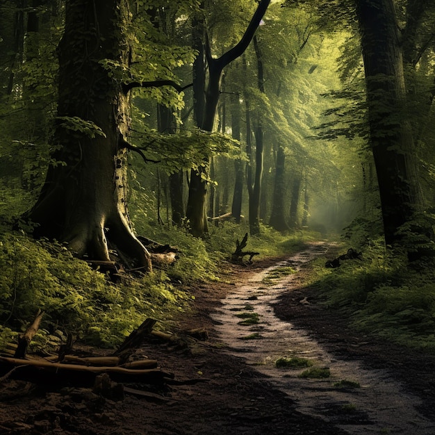 Een bos met bomen en een pad