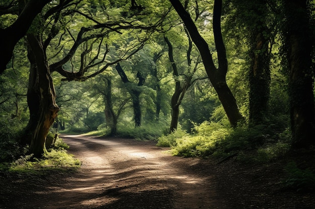 Een bos met bomen en een pad