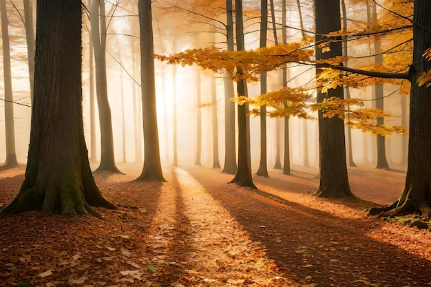 Een bos met bomen in de herfst met de zon die door de bladeren schijnt