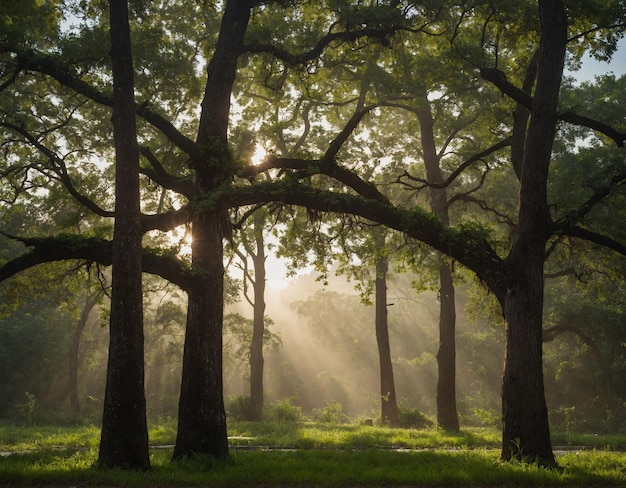 een bos met de zon die door de bomen schijnt