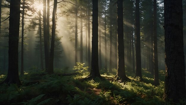 een bos met de zon die door de bomen schijnt