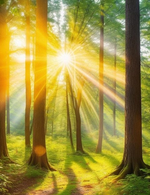 een bos met de zon die door de bomen schijnt