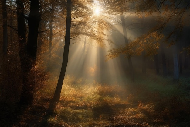 Een bos met de zon die door de bomen schijnt