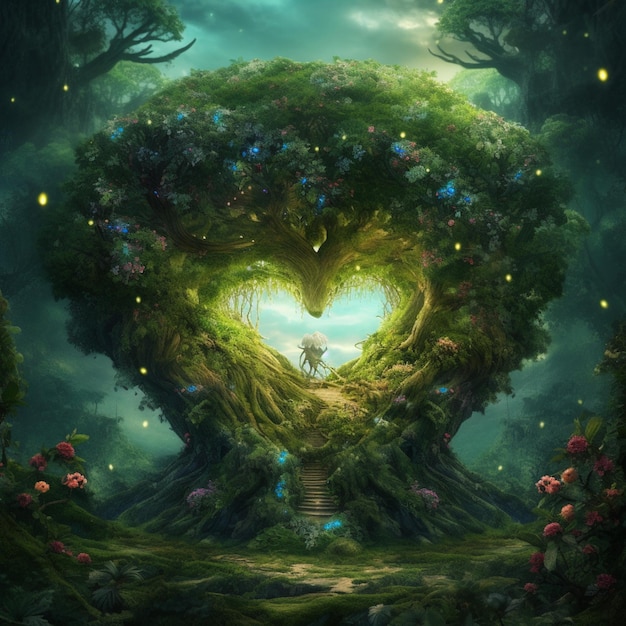 Een bos met een boom met een hartvormige vorm en een meisje dat er middenin staat.
