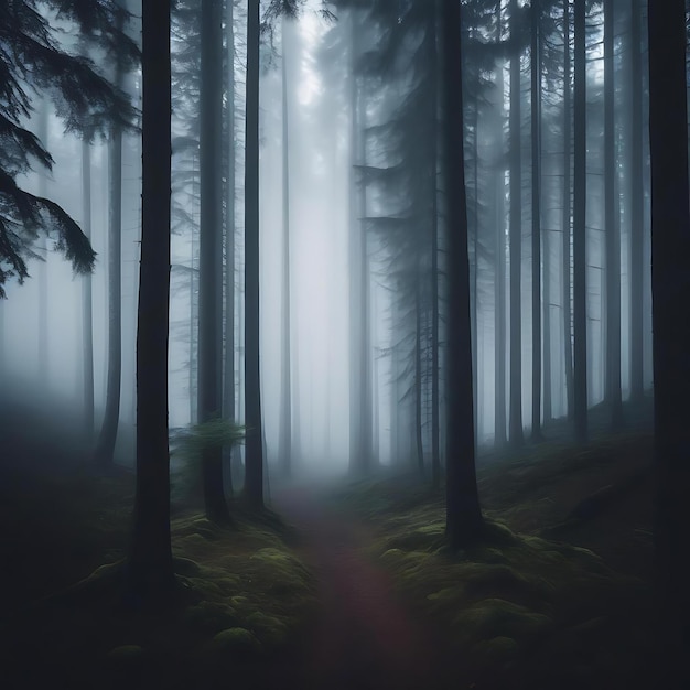 een bos met een bord dat mist in de achtergrond zegt